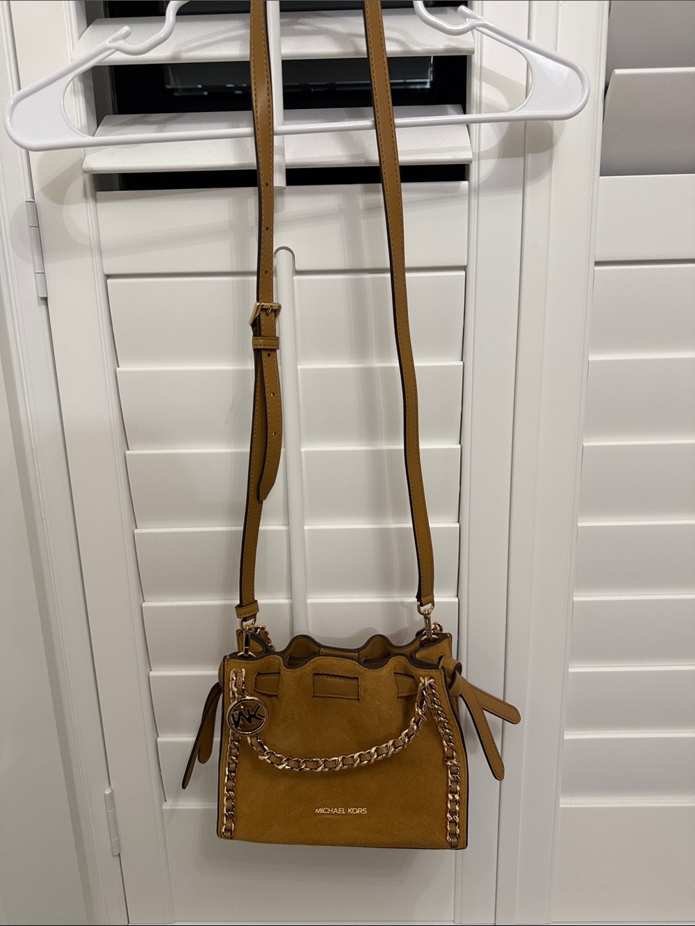 Michael Kors Tan Suede Chain-Trim Crossbody Bag